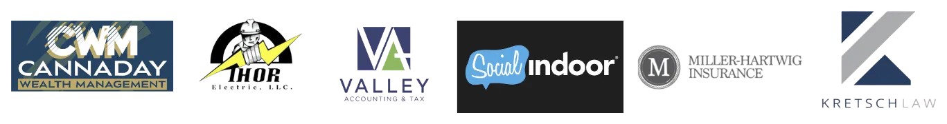 Bay sponsors at Lakeville: bay 1 Cannaday Wealth Management, bay 2 Thor Electric, bay 3 Valley Accounting & Tax, bay 4 Social Indoor, bay 5 Miller-Hartwig Insurance, bay 6 Kretsch Law.